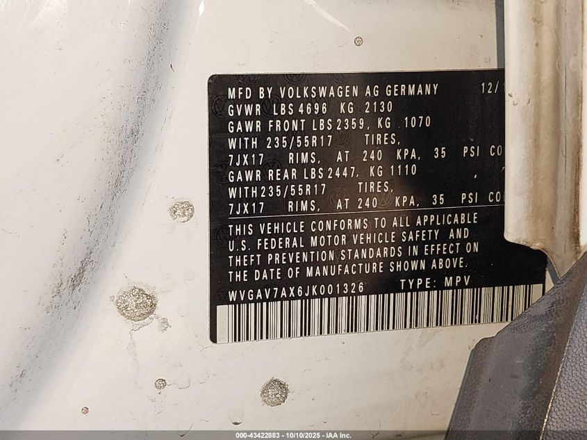 2018 Volkswagen Tiguan Limited 2.0T VIN: WVGAV7AX6JK001326 Lot: 43422883