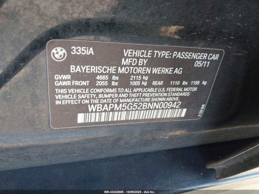 2011 BMW 335I VIN: WBAPM5G52BNN00942 Lot: 43422889