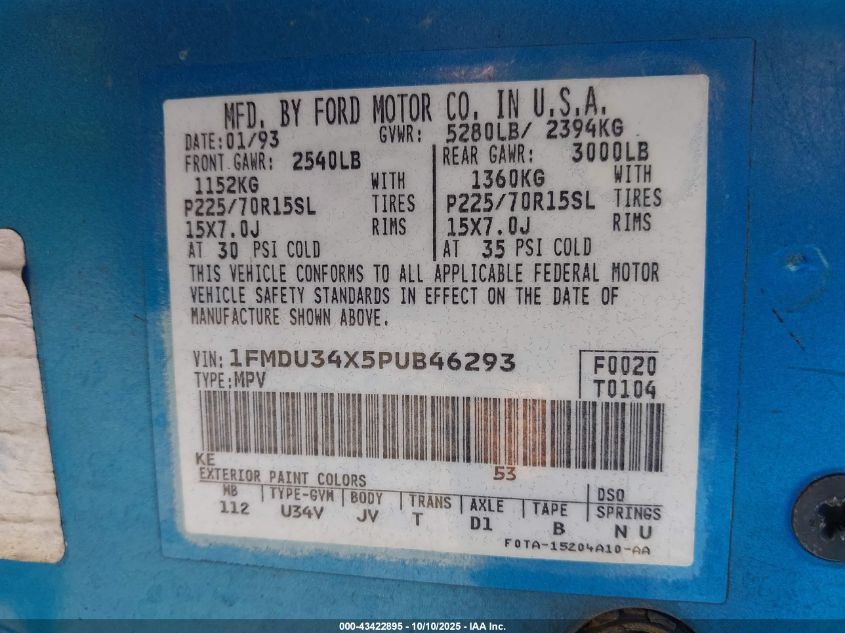 1993 Ford Explorer VIN: 1FMDU34X5PUB46293 Lot: 43422895