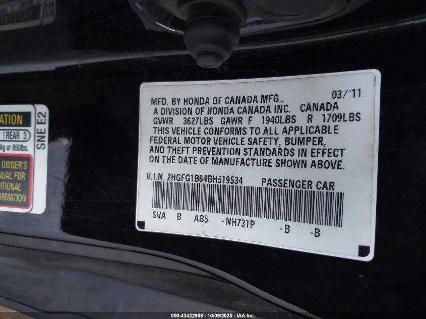 2011 Honda Civic Lx VIN: 2HGFG1B64BH519534 Lot: 43422906