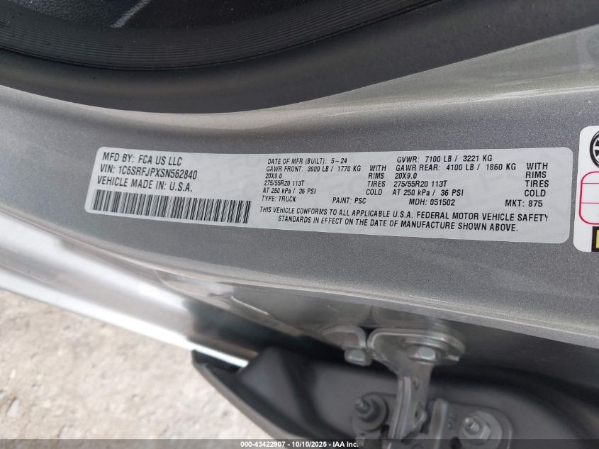 2025 Ram 1500 Laramie 4X4 5'7 Box VIN: 1C6SRFJPXSN562840 Lot: 43422907