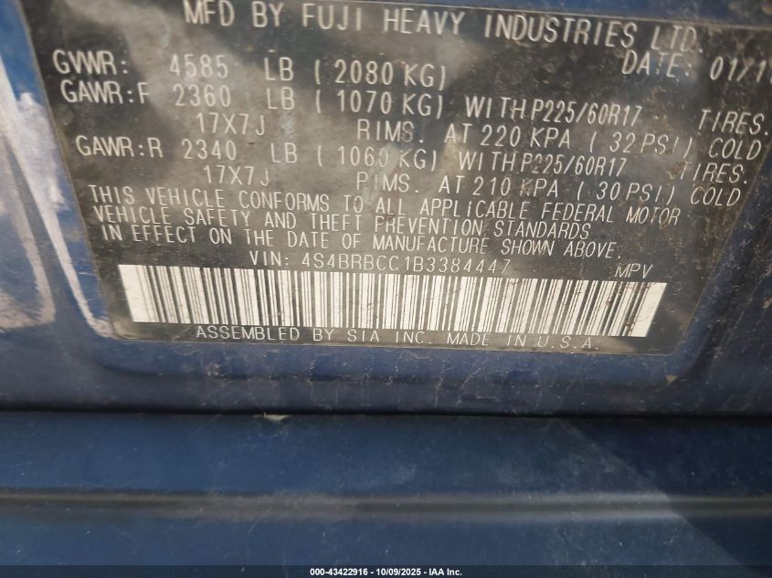 2011 Subaru Outback 2.5I Premium VIN: 4S4BRBCC1B3384447 Lot: 43422916
