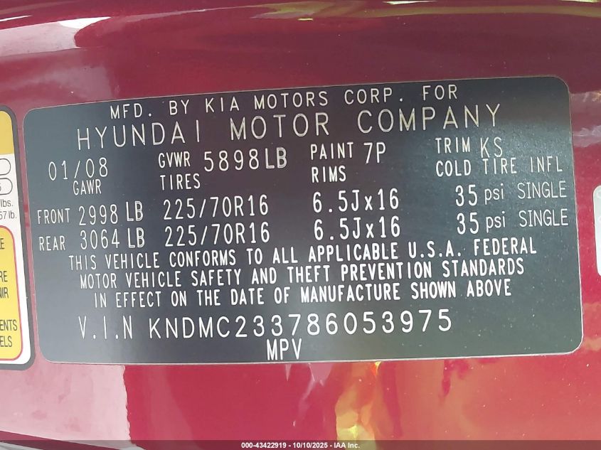 2008 Hyundai Entourage Gls/Limited VIN: KNDMC233786053975 Lot: 43422919