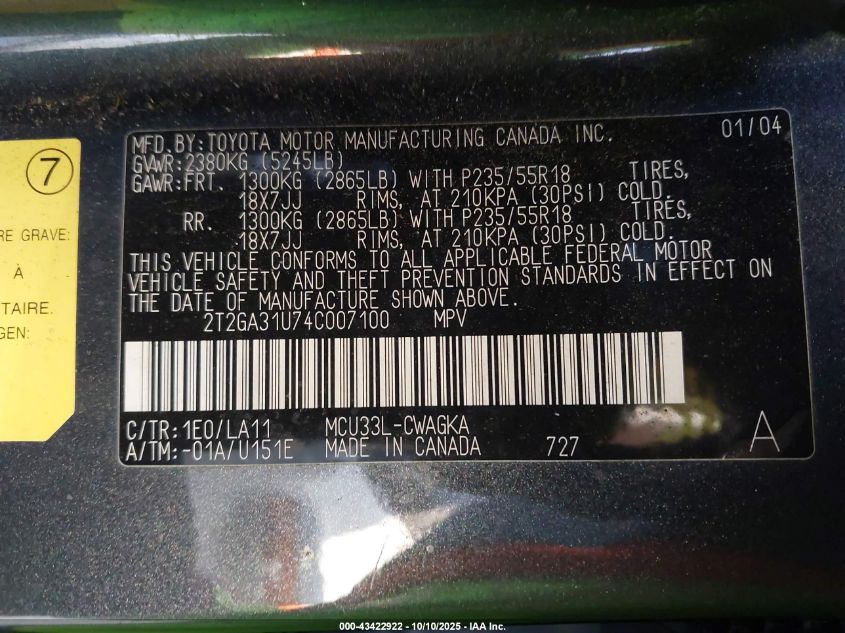 2004 Lexus Rx 330 VIN: 2T2GA31U74C007100 Lot: 43422922