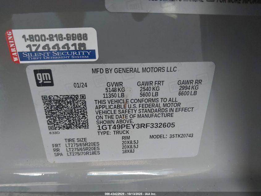 2024 GMC Sierra 2500Hd 4Wd Standard Bed At4 VIN: 1GT49PEY3RF332605 Lot: 43422929