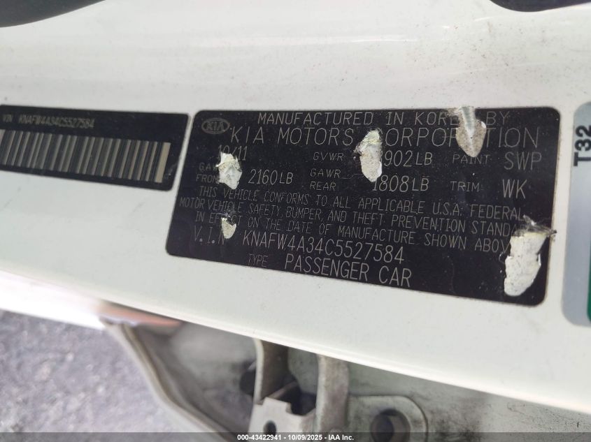 2012 Kia Forte Sx VIN: KNAFW4A34C5527584 Lot: 43422941
