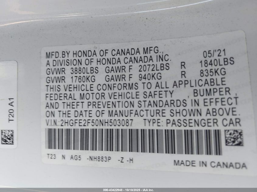 2022 Honda Civic Sport VIN: 2HGFE2F50NH503087 Lot: 43422948