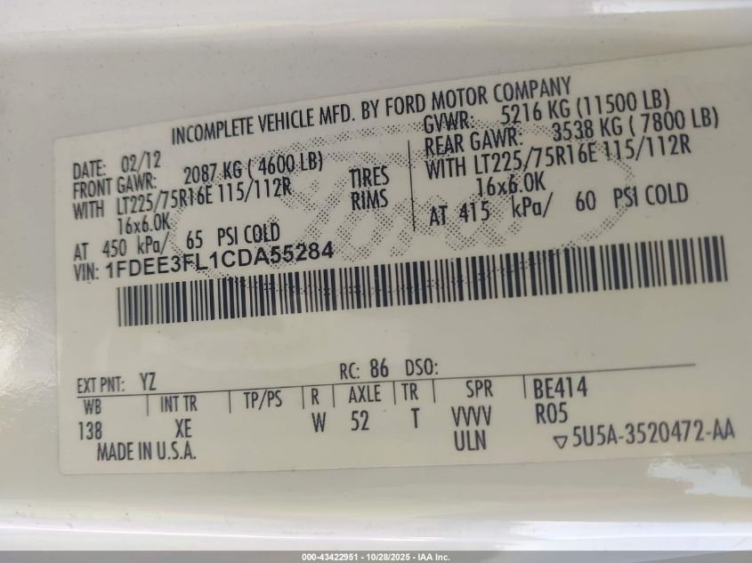 2012 Ford E-350 Cutaway VIN: 1FDEE3FL1CDA55284 Lot: 43422951