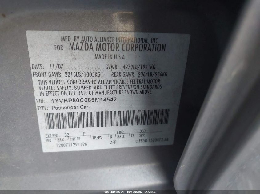 2008 Mazda Mazda6 I Sport Ve VIN: 1YVHP80C085M14542 Lot: 43422961