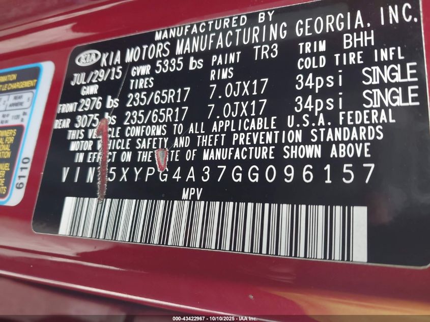 2016 Kia Sorento 2.4L Lx VIN: 5XYPG4A37GG096157 Lot: 43422967