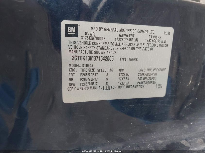2007 GMC Sierra 1500 Sle1 VIN: 2GTEK13M371542065 Lot: 43422971