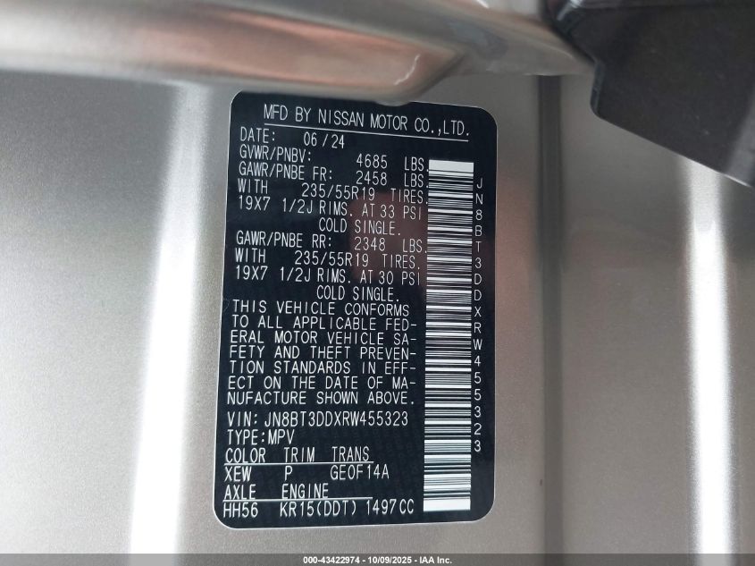 2024 Nissan Rogue Platinum Intelligent Awd VIN: JN8BT3DDXRW455323 Lot: 43422974