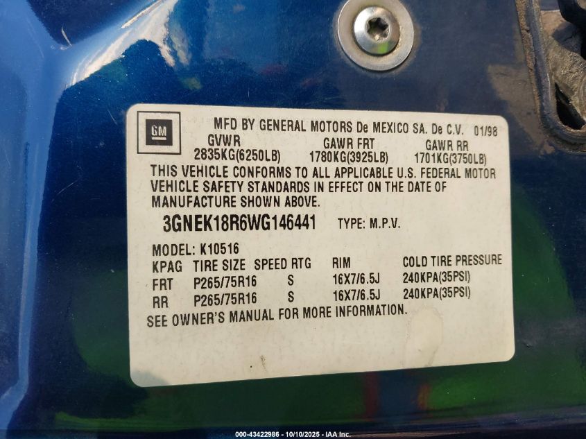 1998 Chevrolet Tahoe VIN: 3GNEK18R6WG146441 Lot: 43422986