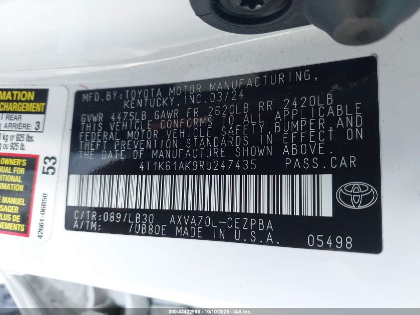 2024 Toyota Camry Xse VIN: 4T1K61AK9RU247435 Lot: 43422988