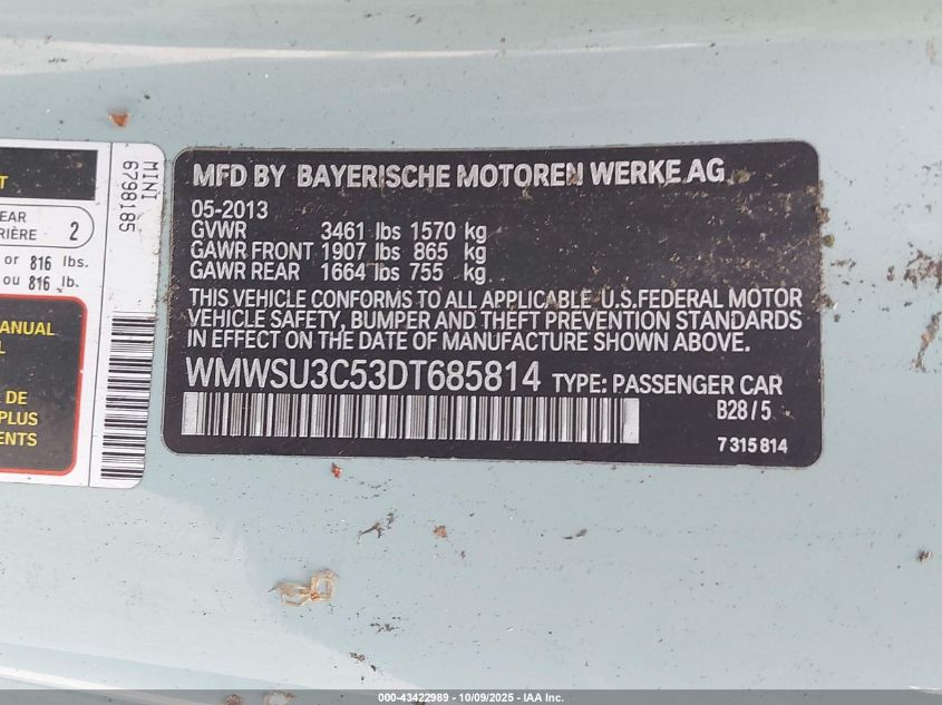 2013 Mini Hardtop Cooper VIN: WMWSU3C53DT685814 Lot: 43422989