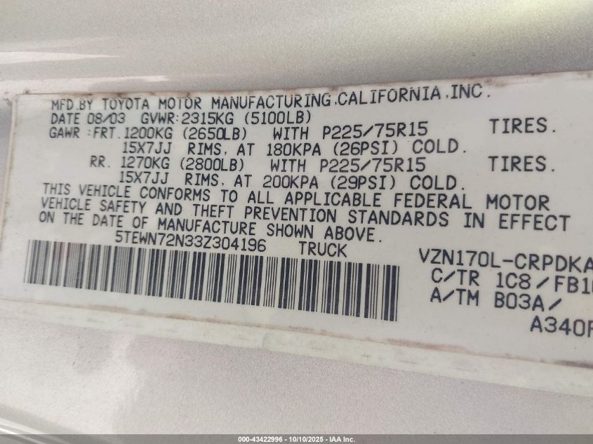 2003 Toyota Tacoma Base V6 VIN: 5TEWN72N33Z304196 Lot: 43422996