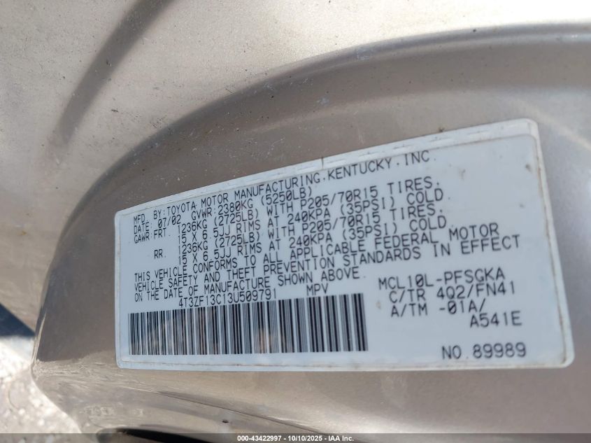 2003 Toyota Sienna Le VIN: 4T3ZF13C13U509791 Lot: 43422997