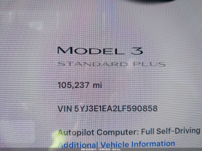 2020 Tesla Model 3 Standard Range Plus Rear-Wheel Drive/Standard Range Rear-Wheel Drive VIN: 5YJ3E1EA2LF590858 Lot: 43423013