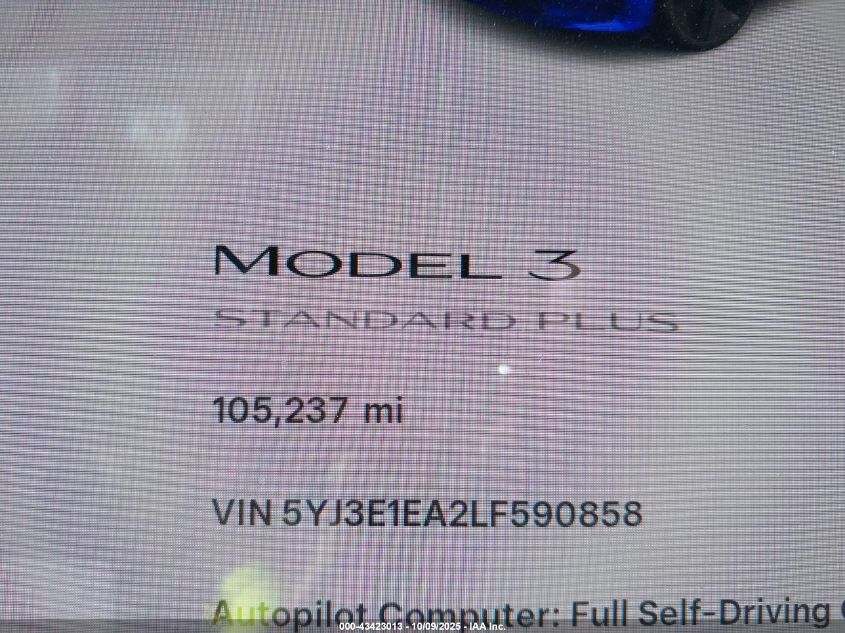 2020 Tesla Model 3 Standard Range Plus Rear-Wheel Drive/Standard Range Rear-Wheel Drive VIN: 5YJ3E1EA2LF590858 Lot: 43423013