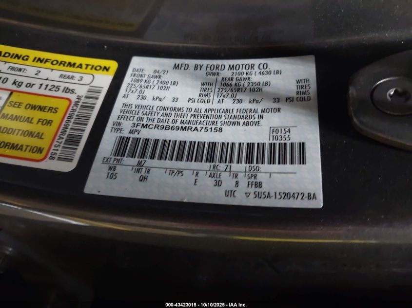 2021 Ford Bronco Sport Big Bend VIN: 3FMCR9B69MRA75158 Lot: 43423015