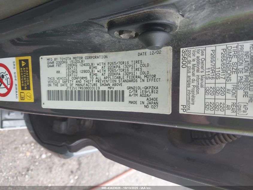 2003 Toyota 4Runner Limited V6 VIN: JTEZU17R638003119 Lot: 43423028