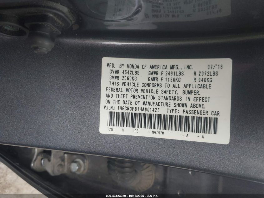 2017 Honda Accord Ex-L V6 VIN: 1HGCR3F81HA001425 Lot: 43423029