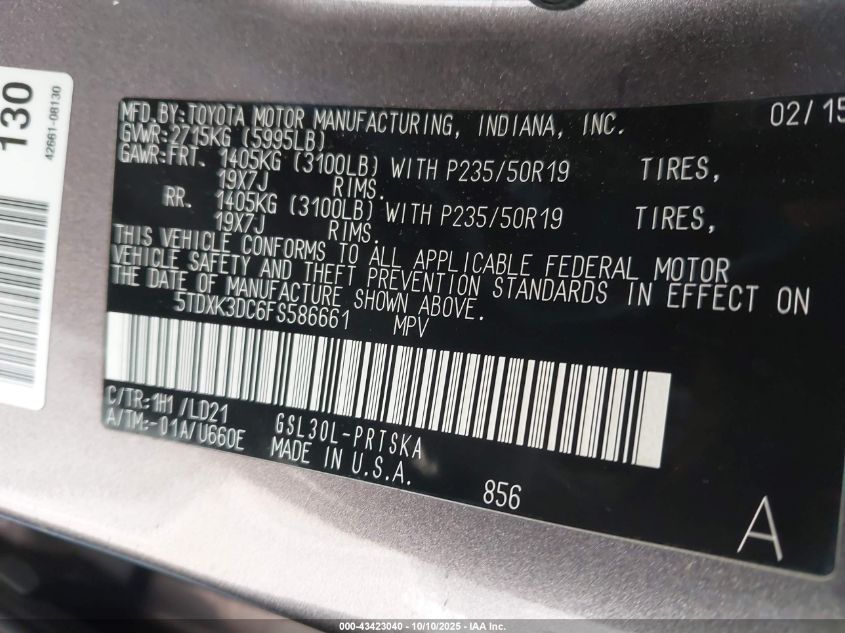 2015 Toyota Sienna Se 8 Passenger/Se Premium 8 Passenger VIN: 5TDXK3DC6FS586661 Lot: 43423040