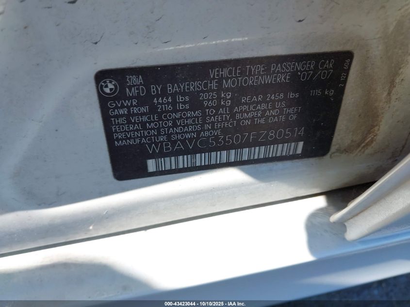 2007 BMW 328I VIN: WBAVC53507FZ80514 Lot: 43423044