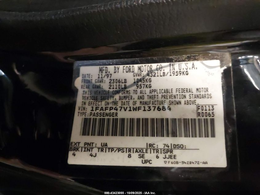 1998 Ford Mustang Svt Cobra VIN: 1FAFP47V1WF137684 Lot: 43423055