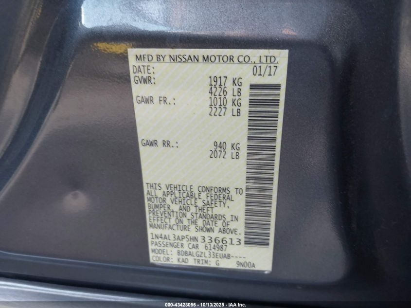 2017 Nissan Altima 2.5 S VIN: 1N4AL3AP5HN336613 Lot: 43423056