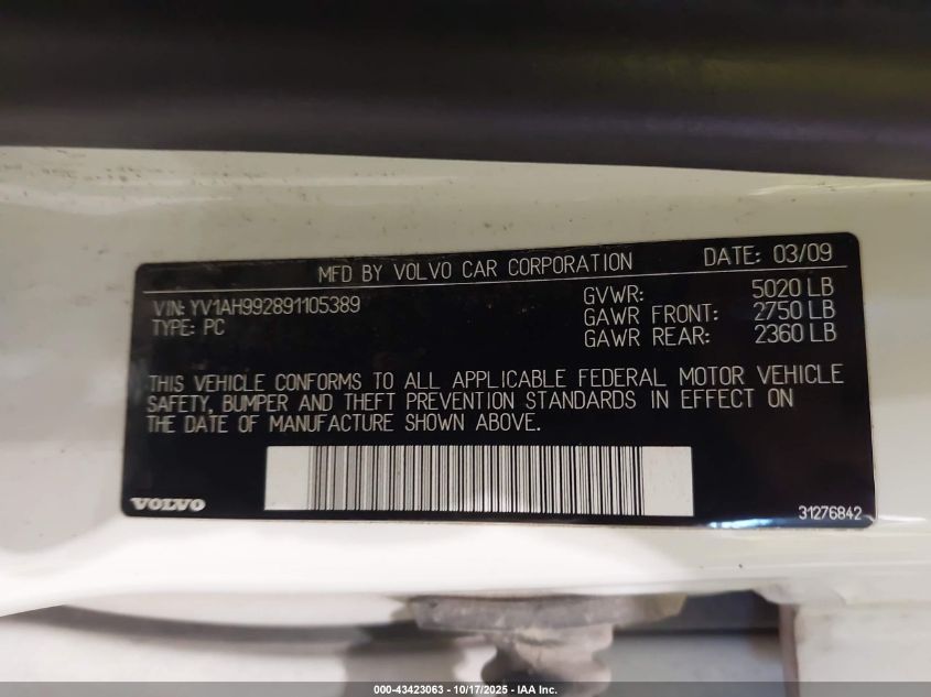 2009 Volvo S80 T6 VIN: YV1AH992891105389 Lot: 43423063