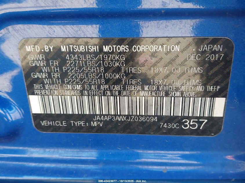 2018 Mitsubishi Outlander Sport 2.4 Se VIN: JA4AP3AWXJZ036094 Lot: 43423077