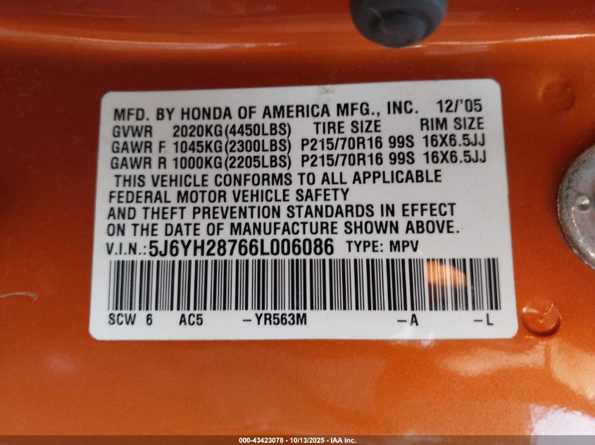 2006 Honda Element Ex-P VIN: 5J6YH28766L006086 Lot: 43423078