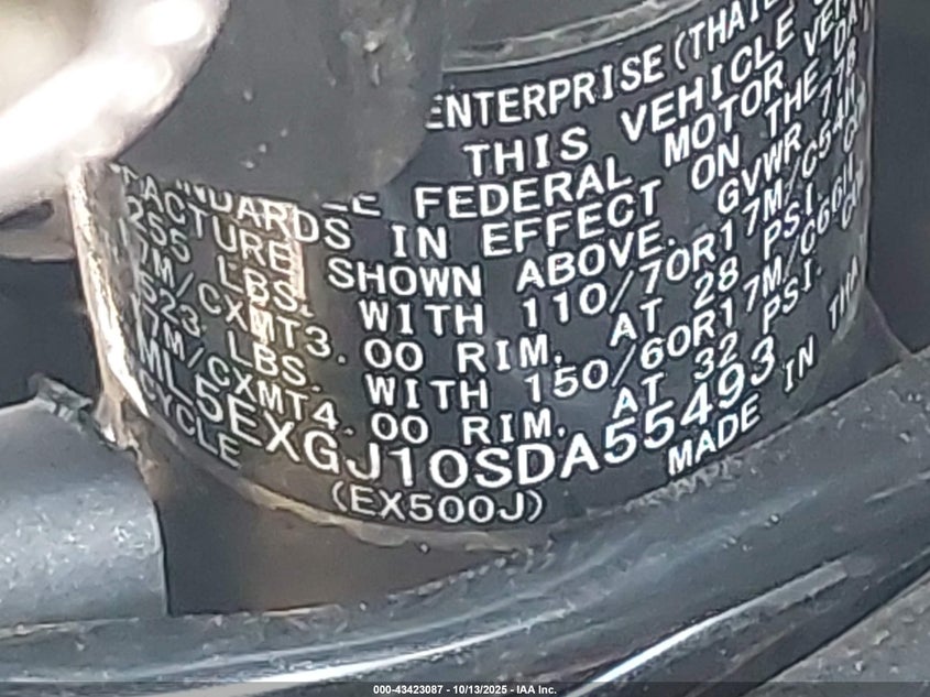 2025 Kawasaki Ex500 A/B VIN: ML5EXGJ10SDA55493 Lot: 43423087