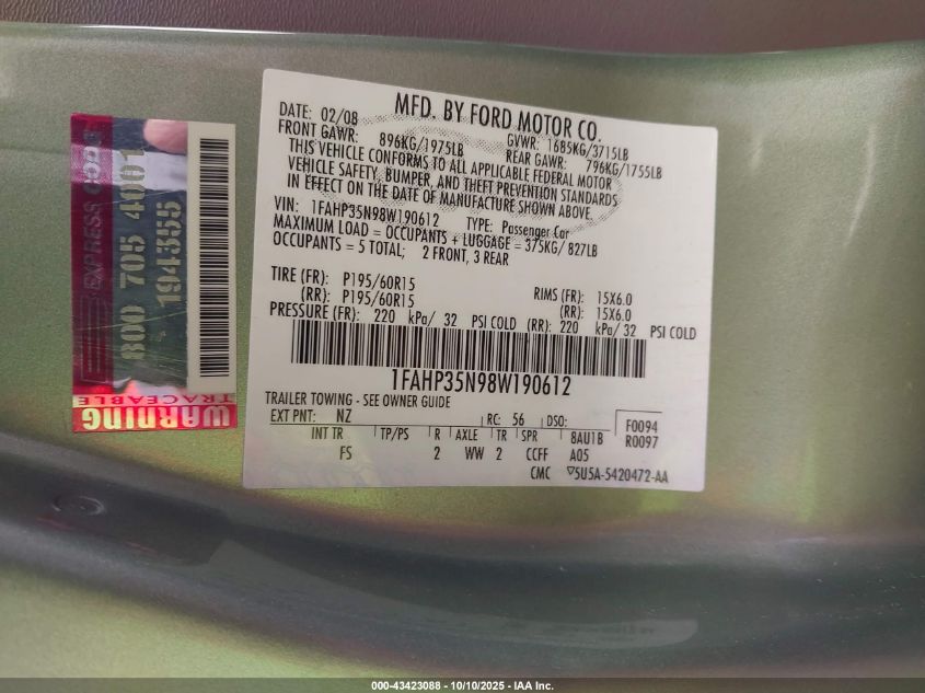 2008 Ford Focus Se/Ses VIN: 1FAHP35N98W190612 Lot: 43423088