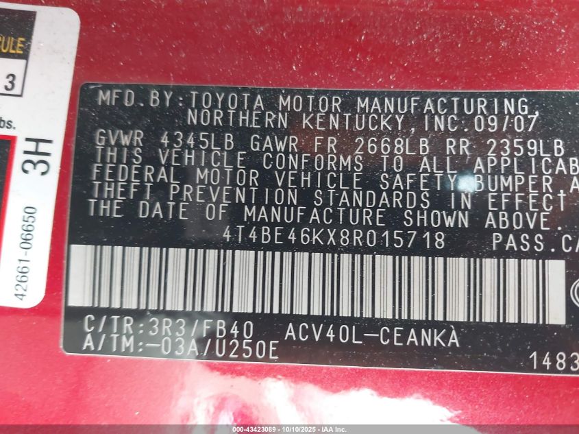 2008 Toyota Camry Le VIN: 4T4BE46KX8R015718 Lot: 43423089