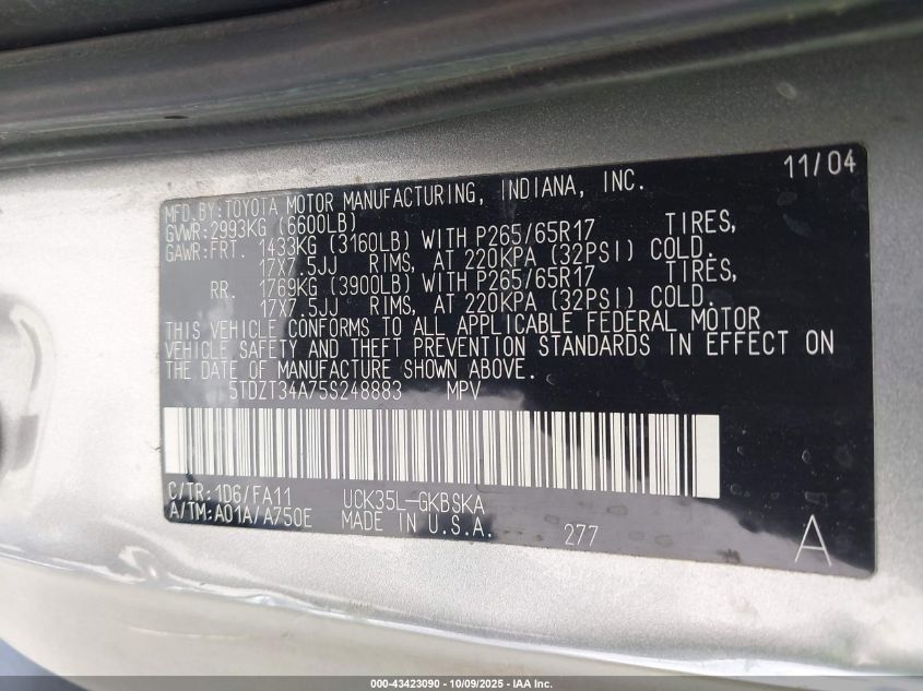 2005 Toyota Sequoia Sr5 V8 VIN: 5TDZT34A75S248883 Lot: 43423090