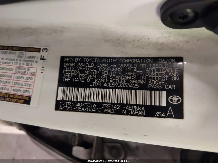 2009 Toyota Corolla Xle VIN: JTDBL40E59J033425 Lot: 43423091