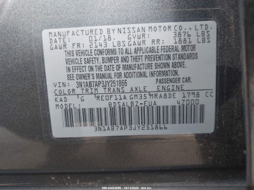 2018 Nissan Sentra S VIN: 3N1AB7AP3JY251866 Lot: 43423098