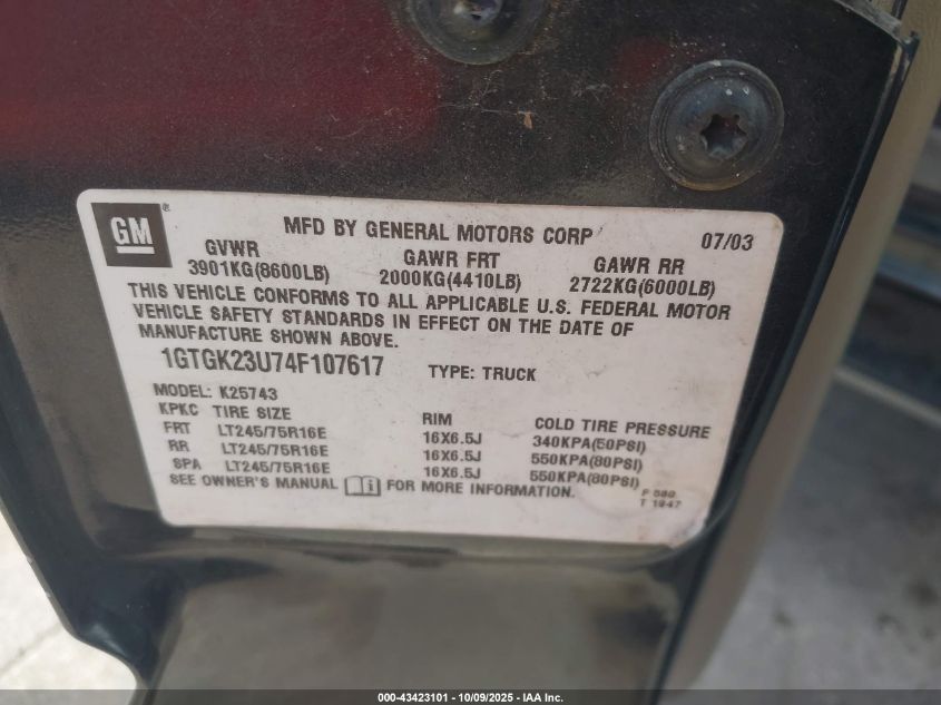 2004 GMC Sierra 2500 Slt VIN: 1GTGK23U74F107617 Lot: 43423101