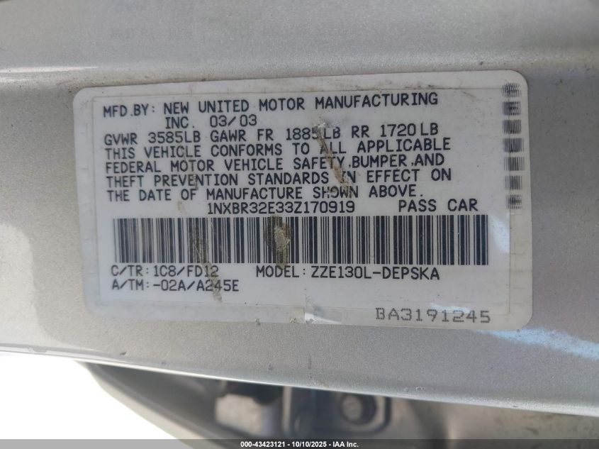 2003 Toyota Corolla S VIN: 1NXBR32E33Z170919 Lot: 43423121