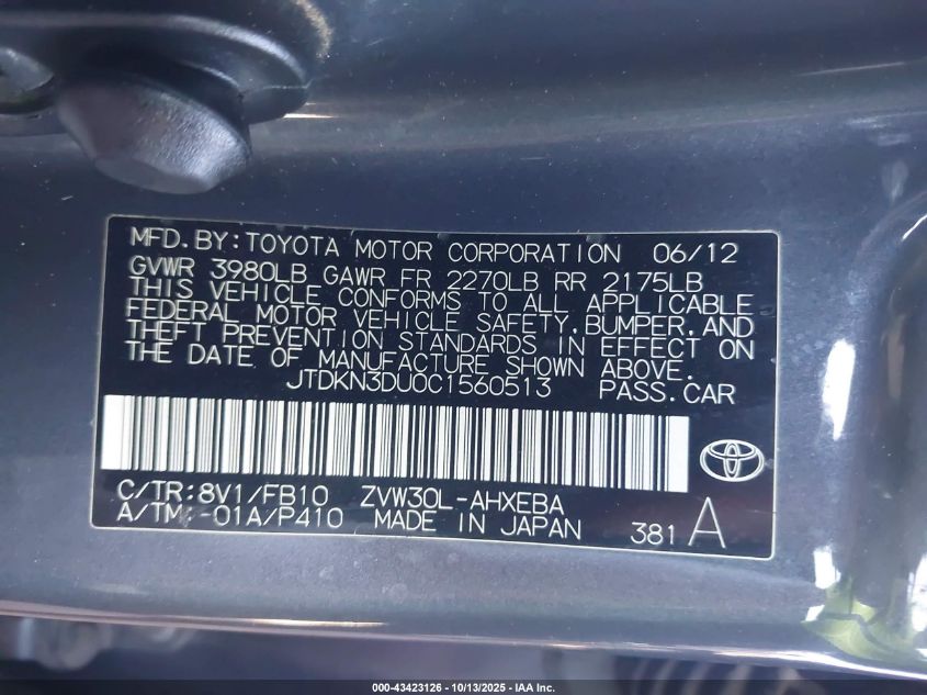 2012 Toyota Prius Three VIN: JTDKN3DU0C1560513 Lot: 43423126