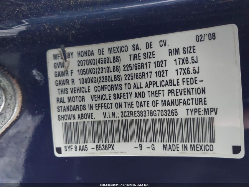 2008 Honda Cr-V Lx VIN: 3CZRE38378G703265 Lot: 43423131