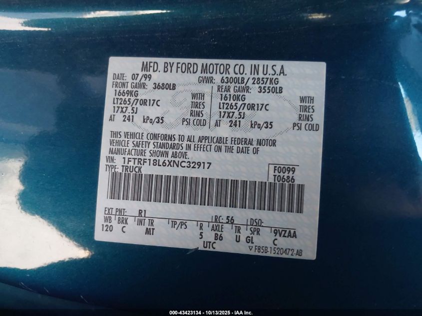 1999 Ford F-150 Lariat/Work Series/Xl/Xlt VIN: 1FTRF18L6XNC32917 Lot: 43423134
