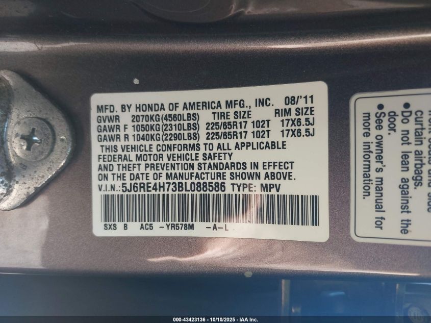 2011 Honda Cr-V Ex-L VIN: 5J6RE4H73BL088586 Lot: 43423136