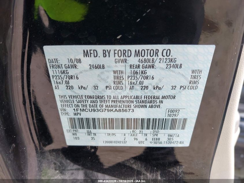 2009 Ford Escape Xlt VIN: 1FMCU93G79KA85673 Lot: 43423139