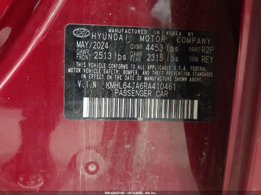 2024 Hyundai Sonata Sel VIN: KMHL64JA6RA410461 Lot: 43423140