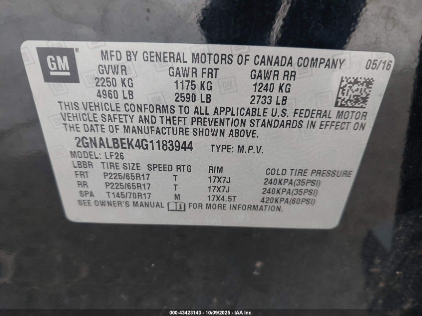 2016 CHEVROLET EQUINOX LS 2GNALBEK4G1183944
