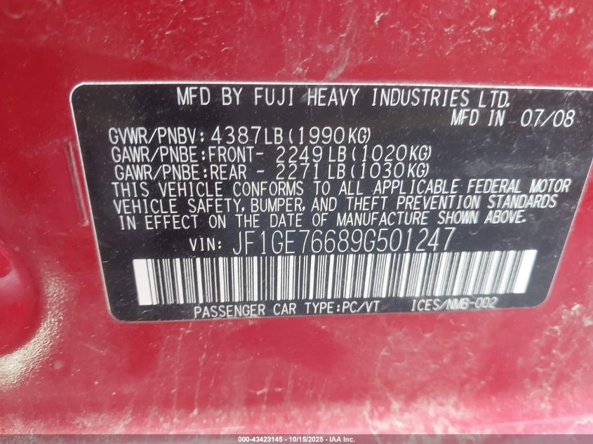 2009 Subaru Impreza Wrx VIN: JF1GE76689G501247 Lot: 43423145