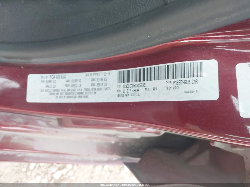 2016 Chrysler 200 Limited VIN: 1C3CCCABXGN150351 Lot: 43423147